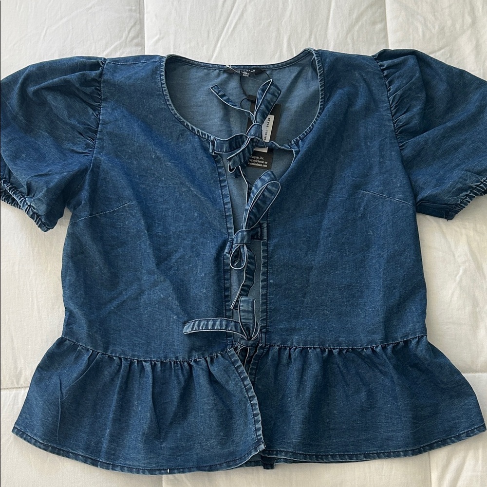 Chic Denim Blue Kids Blouse with Bow Accents